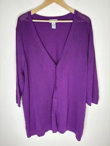 Catherines Cardigan Sweater Size 3X Purple Open Knit 3/4 Sleeves Button Up 26/28 - Picture 1 of 8