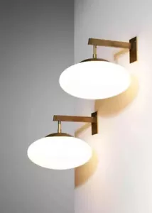Mid Century Pair Modern Opaline Glass Wall Sconce Industrial Italian Stilnovo - Picture 1 of 10