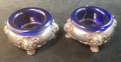 Pair Of William Kerr Sterling Silver Open Salt Cellars Cobalt Glass Liners Cover