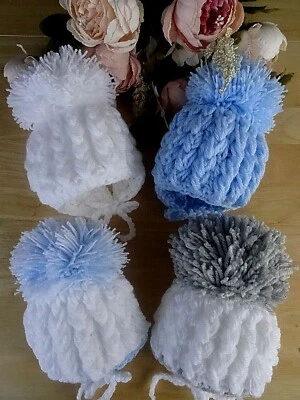 Hand Knitted Baby Hat Boy Girl Crochet Pom Pom Ties White Blue Grey Newborn - 3m - Image 1 of 4