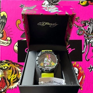 Ed Hardy Skull Watch Wrist Boxed Gift Goth Tattoo Yellow Black Y2K New - Picture 1 of 11