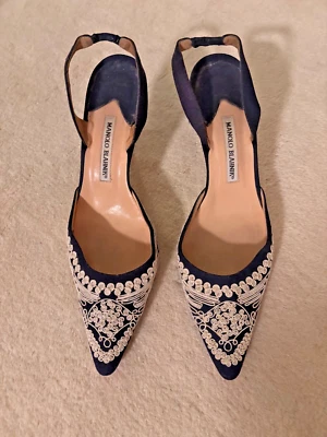 Manolo Blahnik Azul Oscuro Carolyne Bordado Punta Punta Cordón Talla IT41.5 Foto 1 de 2