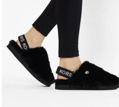 MICHAEL KORS Elsie Size 10 Black Slingback Flat Slippers Faux Fur MK Logo Strap - Image 1 of 4