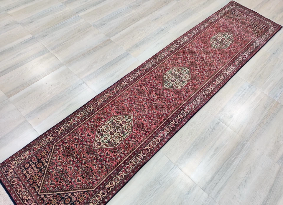 Alfombra de corredor vintage anudada a mano 100 % lana 3 x 12 medallón Bijar 80 x 350 cm Foto 1 de 4