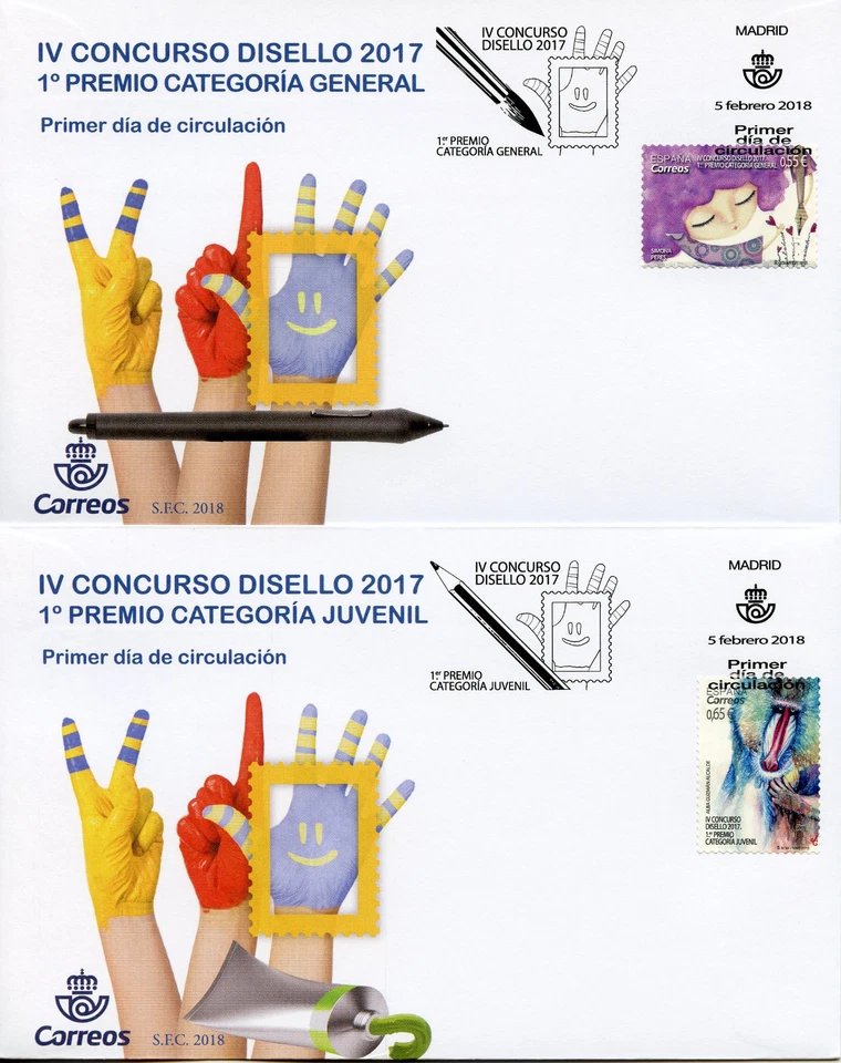 Spain 2018 FDC Disello Stamp Design Contest 2v Set on 2 Covers Monkeys Stamps - Image 1 of 1