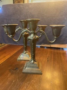 Great Heavy Pair  Rams Head Candelabra 3 Lite Brass Candlesticks Vintage - Picture 1 of 7