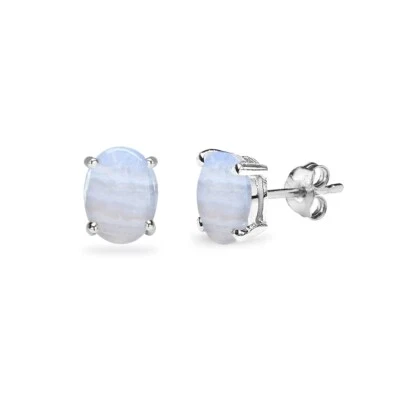 Sterling Silver Lace Agate 6x4mm Oval-Cut Solitaire Stud Earrings - Image 1 of 3