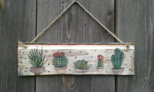  Boho room Decor Home Cactus print wall art Succulent wood Handmade Decoupage - Picture 1 of 5