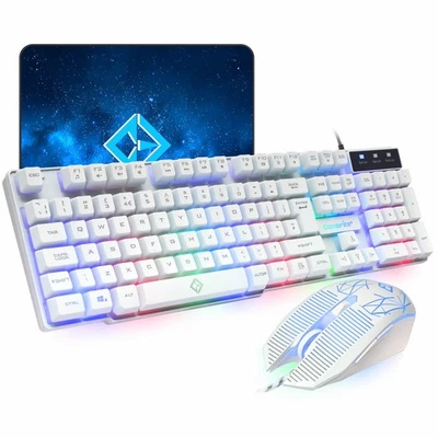 Combrite Raptor White USB Wired Gaming Keyboard And Mouse Set Combo RGB LED UK - Image 1 of 4