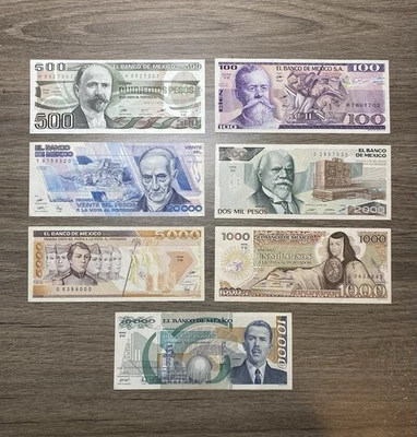 Colección de 7 Billetes de Pesos Mexicanos,  1982 - 1989 - Billetes Circulados - Image 1 of 2