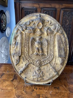 RARE ANTIQUE FRENCH NAPOLEON III NOTARY PLAQUE GILT REPOUSSE BRASS - Photo 1/4