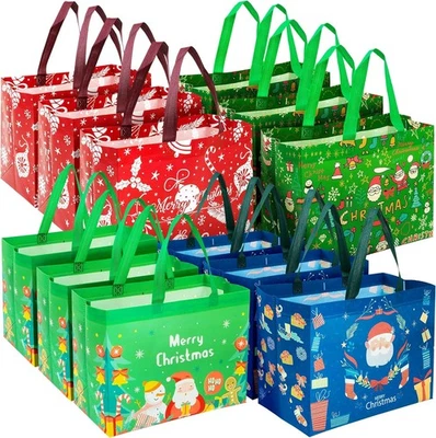 12 Pack Christmas Reusable Grocery Bag Tote Bag with Handle Gift Present Bag