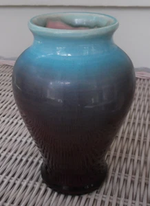 1940 Pisgah Forest NC Pottery Vase - Turquoise Blue & Plum - 6-1/4" Tall - Picture 1 of 4
