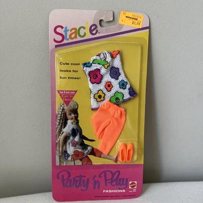 Barbie Stacie Party ‘n Play Fashions Floral Top Neon Orange Pants Shoes #3465 - Image 1 of 2