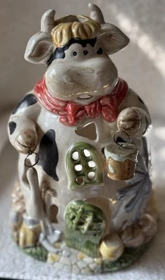VTG-Cottage Cow & Luminary  Farmhouse  9.75"  Ceramic Tea Light Candle House - Image 1 of 3