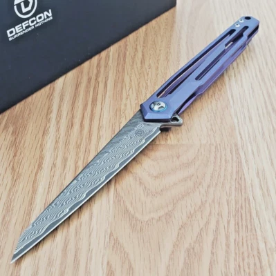 Defcon Peregrine Folding Knife 3.5" 10Cr15CoMoV Damascus Blade Titanium Handle - Image 1 of 4