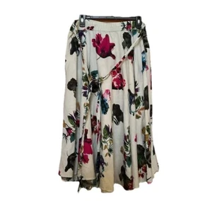 Roz & Ali Floral Rose Midi A-Line Skirt 1X Elastic Waist Tie Linen Blend Country - Picture 1 of 5