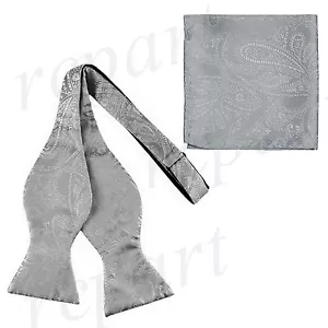 New men's self tie free style bowtie set paisley polyester formal silver gray - Picture 1 of 3