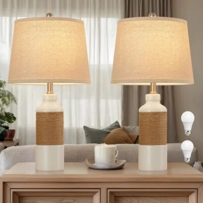  Juego de 2 lámparas de mesa de ratán boho, 3 lámparas de noche de temperatura de color, bohemias Foto 1 de 4