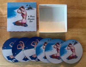 Pinup Girls Gift ~ 6 Drink Beer Coasters ~ Pin Up Cocktail Bar Mancave - Picture 1 of 1