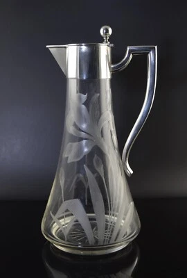 ANTIGUA JARRA CLARETE ART NOUVEAU 800 PLATA Y VIDRIO GRABADO ~ ALEMÁN HUGO BOHM Foto 1 de 4