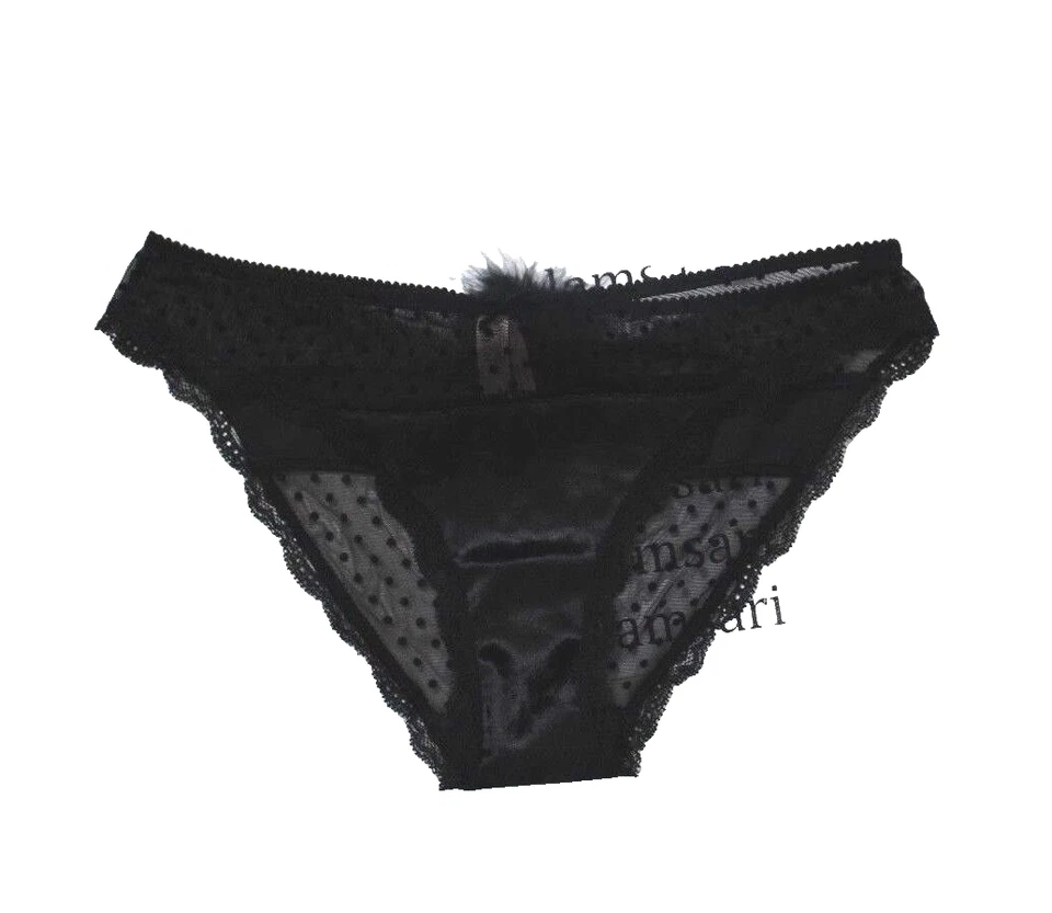Victoria's Secret Dot Mesh Lace Sheer Velvet Pop-pom Cheekini Panty XS Black