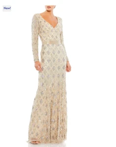 MAC DUGGAL 5021 GEOMETRIC  LONG SLEEVE V-NECK SEQUIN NUDE TRUMPET  GOWN  sz 14 - Picture 1 of 8