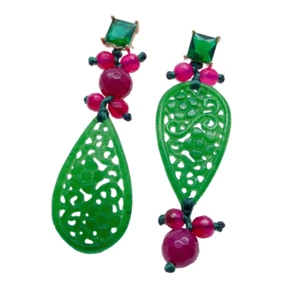 Y·YING Carved Green Jade Fuchsia Agate Green Rhinestone Stud Drop Earrings - Picture 1 of 6