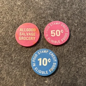 Lot de 3 jetons de timbres alimentaires vintage Allgood Salvage Epicerie, 10 ¢ et 50 ¢ Camden TN - Photo 1/2