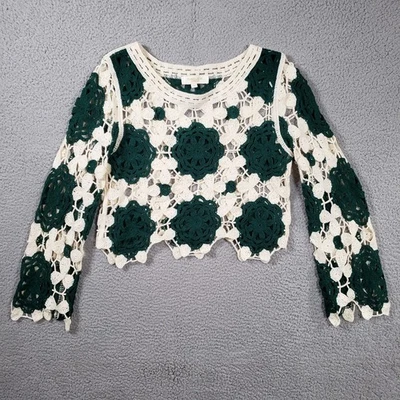 Rebellion Again Crochet Top Medium Green Cream Floral Crop Flared Sleeve Boho - Image 1 of 4