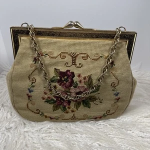 Vtg Needlepoint Purse Handbag Calla Peace Lillies Floral Gold Chain Kisslock LN! - Picture 1 of 23
