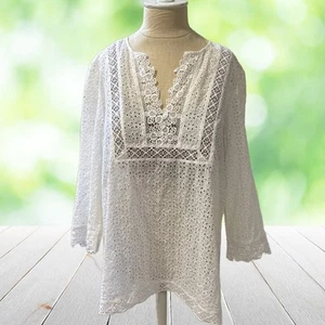 J JILL Tunic Top Women L White Eyelet Cotton Crochet Lace Boho Beachy Split Neck - Picture 1 of 11