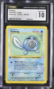 CGC 10 GEM MINT Poliwag 1999 Base Set 1st Edition Shadowless 59/102 Pokemon Card - Picture 1 of 2