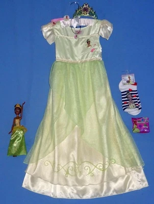 Disney Tiana gown-dress girls 5-6-costume jewelry-socks-posable doll-tiara-LOT-8 - Image 1 of 4