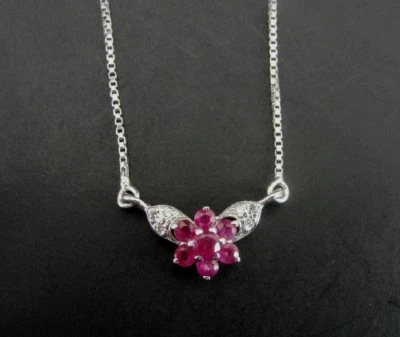 Necklace Silver Flower Rubies Ruby and Cubic Zirconia Accent Sterling Silver 925 - Image 1 of 4