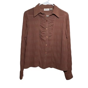 Claudia Richard Blouse Women's Medium Brown Sheer Collared Button Up Top - Picture 1 of 7
