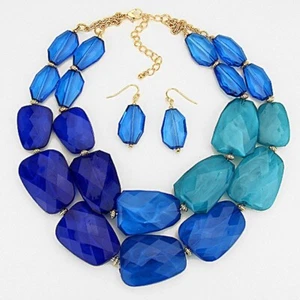 NEW Ombre Blue Faceted Acrylic Chunky Stone Layered Statement Collar Necklace - Picture 1 of 2