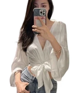 Zara Satin Flare Sleeve Tie Front Crop Top V Neck Women Size M - Picture 1 of 5