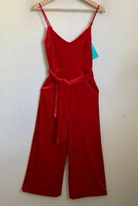 GB Gianni Bini Junior Jumpsuit Red Velvet Zip Pockets Wide Leg Stretch Sz XS NEW - Picture 1 of 9