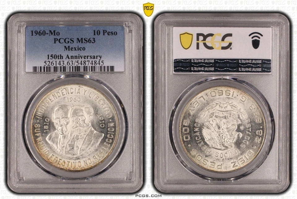 MONEDA DE 10 PESOS PLATA MÉXICO UNC AÑO 1960 KM#476 150 ANIVERSARIO PCGS MS63 Foto 1 de 3