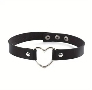 Black Leather Heart Choker - Adjustable Gothic Punk Necklace Y2k - Picture 1 of 2