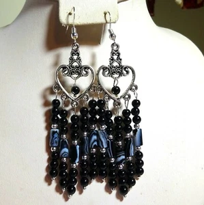 JFTS, Black, Onyx, Black/White, Agate, Silver, Earrings, Gift, Wife, Mom, 3 1/2 - Imagen 1 de 3
