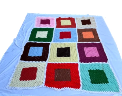 82"X 63"  Hand Made Crochet Blanket Large  Squares NO DUPLICATES  Handmade - Image 1 of 4