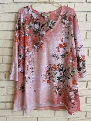 Davina 女式粉色花卉串珠 3/4 袖衬衫上衣 3XL — 第 1/4 张图片