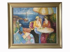 Art Original Painting on Canvas  29" X 27"  "Two Women" in theWood Golden Frame - Picture 1 of 8