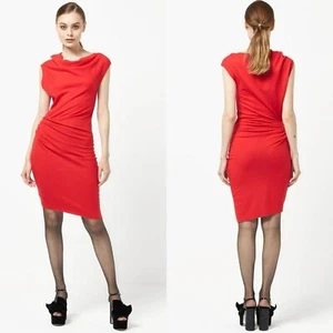 Helmut Lang 100% Wool Asymmetrical Jersey Mini Dress Red Cowl Bodycon Sheath S - Picture 1 of 14