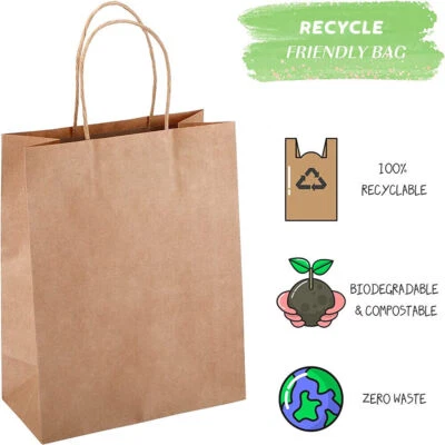 50/100 Bulk Kraft Paper Bags Gift Shopping Carry Craft Brown Bag with Handles US - Image 1 of 4