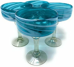 Mexican Hand Blown Glass – Set of 4 Hand Blown Margarita Glasses Aqua Swirl... - Picture 1 of 7