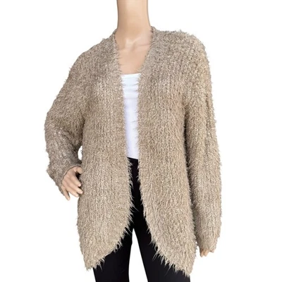 Kensi M Eyelash Knit Cardigan Sweater Open Front Shaggy Cozy Taupe Tan - Image 1 of 4