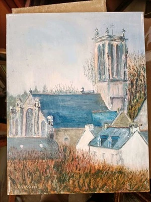 Tableau Huile sur toile impressionniste Eglise Bretagne. Signature illisible  - Photo 1/4